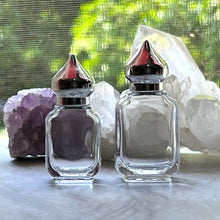 Load image into Gallery viewer, The Parfumerie offers 10 ml and 15 ml Clear Glass Perfume Bottles with Silver Pointed Minaret Caps. Elegant and Beautiful!