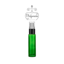 Load image into Gallery viewer, 10 ml green glass fine mist atomizer with black shiny spray top, white pump, clear cap