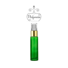 Load image into Gallery viewer, 10 ml green glass perfume bottle with gold shiny spray top, white pump, clear cap