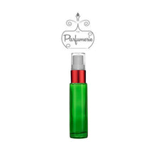 Load image into Gallery viewer, 10 ml green glass travel atomizer with red shiny spray collar, white pump, clear cap
