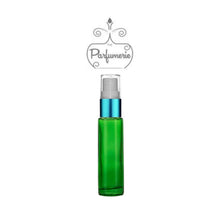 Load image into Gallery viewer, 10 ml green glass travel atomizer with teal shiny spray top, white pump, clear cap