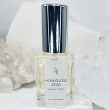 Load image into Gallery viewer, 30 ml Honeysuckle Attar Parfum Extrait Perfume Bottle. This All-Natural Honeysuckle Flower Perfume is placed in a large size Clear Glass Perfume Bottle blended with High Quality Organic Cane Alcohol.