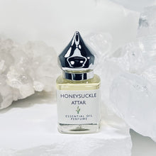 Load image into Gallery viewer, 8 ml Gift Bottle of Honeysuckle Attar with Silk Sari Ribbon . Phthalate-Free, Paraben-Free, Cruelty-Free, no synthetics.