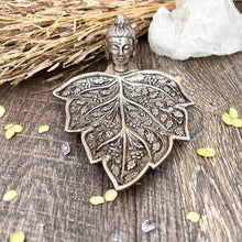 Load image into Gallery viewer, Antique Silver Buddha Head on Metal Leaf Incense Burner – Smudge Holder, Incense Burner, Altar Tray, Jewelry Dish