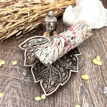 Load image into Gallery viewer, A Buddha Leaf Smudge Holder or Sage Holder that is silver with an antique finish.
