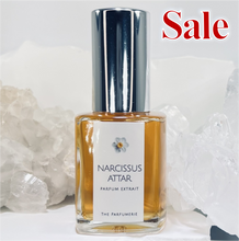 Load image into Gallery viewer, Narcissus Attar Essential Oil Parfum Extrait with a silver shiny cap. All Natural, Vegan.