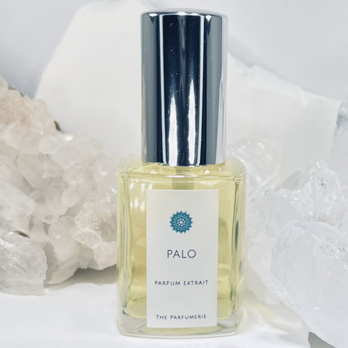 30 ml Palo Parfum Extrait Concentrate comes in a clear glass perfume bottle with a silver sprayer top.