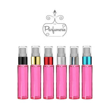 Load image into Gallery viewer, 10 ml fine mist refillable pink glass travel atomizer with your choice of color spray top.