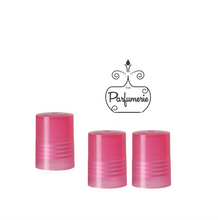 Load image into Gallery viewer, Three Pink translucent caps for 5 ml and 10 ml roller bottles.