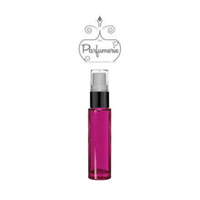 Load image into Gallery viewer, 10 ml purple glass fine mist atomizer with black shiny spray top, white pump, clear cap