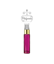 Load image into Gallery viewer, 10 ml purple glass perfume bottle with gold shiny spray top, white pump, clear cap