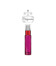 Load image into Gallery viewer, 10 ml purple glass travel atomizer with red shiny spray collar, white pump, clear cap