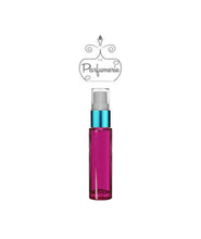 Load image into Gallery viewer, 10 ml purple glass travel atomizer with teal shiny spray top, white pump, clear cap