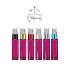 Load image into Gallery viewer, 10 ml fine mist refillable purple glass travel atomizer with your choice of color spray top.