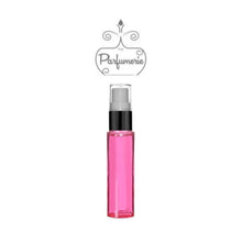 Load image into Gallery viewer, 10 ml pink glass fine mist atomizer with black shiny spray top, white pump, clear cap