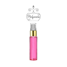 Load image into Gallery viewer, 10 ml pink glass perfume bottle with gold shiny spray top, white pump, clear cap