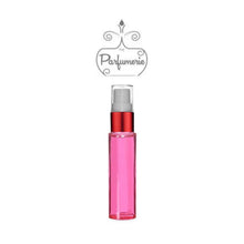 Load image into Gallery viewer, 10 ml pink glass travel atomizer with red shiny spray collar, white pump, clear cap