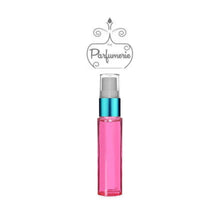 Load image into Gallery viewer, 10 ml pink glass travel atomizer with teal shiny spray top, white pump, clear cap