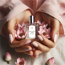 Load image into Gallery viewer, Pink Lotus Attar Perfume Bottle held in the hands of a woman with pink nailpolish and pink lotus flowers.