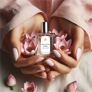 Pink Lotus Attar Perfume Bottle held in the hands of a woman with pink nailpolish and pink lotus flowers.