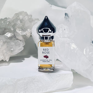 5 ml Red Rose Essential Oil Perfume is Alcohol-Free, Paraben-Free, Phthatlate-Free and Vegan. A travel perfume bottle.