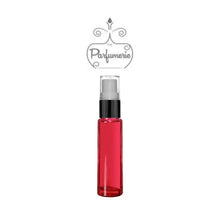 Load image into Gallery viewer, 10 ml red glass fine mist atomizer with black shiny spray top, white pump, clear cap