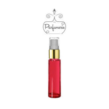 Load image into Gallery viewer, 10 ml red glass perfume bottle with gold shiny spray top, white pump, clear cap