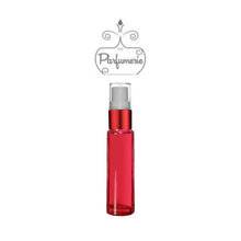 Load image into Gallery viewer, 10 ml red glass travel atomizer with red shiny spray collar, white pump, clear cap