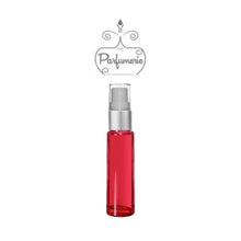 Load image into Gallery viewer, 10 ml red glass atomizer with silver matte spray top, white pump, clear cap