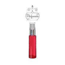 Load image into Gallery viewer, 10 ml red glass perfume bottle with silver shiny spray collar, white pump, clear cap