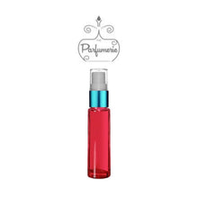 Load image into Gallery viewer, 10 ml red glass travel atomizer with teal shiny spray top, white pump, clear cap