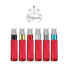 Load image into Gallery viewer, 10 ml fine mist refillable red glass travel atomizer with your choice of color spray top.