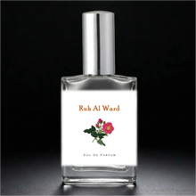 Load image into Gallery viewer, Ruh Al Ward in a clear glass perfume bottle with a shiny silver sprayer cap. Vegan, Phthalate Free and Paraben Free.