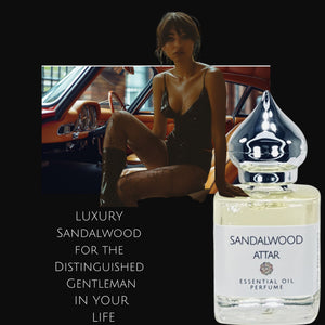 Sandalwood Attar. A pheromone perfume. A sexy woman sitting on a car seat with stocking on waiting for her man.