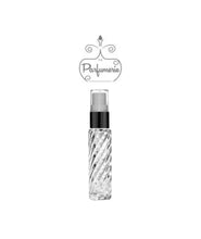 Load image into Gallery viewer, 10 ml clear SWIRL glass fine mist atomizer with black shiny spray top, white pump, clear cap