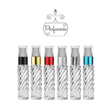 Load image into Gallery viewer, 10 ml fine mist refillable clear SWIRL glass travel atomizer with your choice of color spray top.