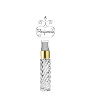 Load image into Gallery viewer, 10 ml clear SWIRL glass perfume bottle with gold shiny spray top, white pump, clear cap