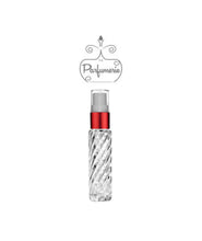 Load image into Gallery viewer, 10 ml clear SWIRL glass travel atomizer with red shiny spray collar, white pump, clear cap
