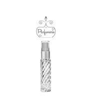 Load image into Gallery viewer, 10 ml clear SWIRL glass atomizer with silver matte spray top, white pump, clear cap