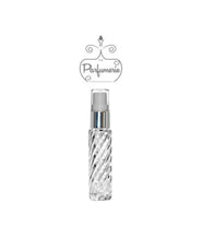 Load image into Gallery viewer, 10 ml clear SWIRL glass perfume bottle with silver shiny spray collar, white pump, clear cap