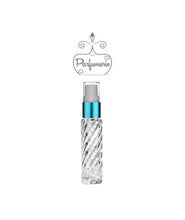 Load image into Gallery viewer, 10 ml clear SWIRL glass travel atomizer with teal shiny spray top, white pump, clear cap