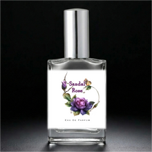 Load image into Gallery viewer, Sandal Rose 1 oz 2 oz Eau de Parfum Spray Perfume Bottle with a shiny silver cap. Paraben Free and Phthalate Free.