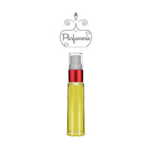 Load image into Gallery viewer, 10 ml yellow glass travel atomizer with red shiny spray collar, white pump, clear cap