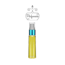 Load image into Gallery viewer, 10 ml yellow glass travel atomizer with teal shiny spray top, white pump, clear cap