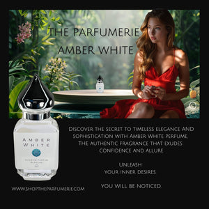 Amber White a summer fragrance. A photo of a woman in a summer dress holding Amber White bottle. 