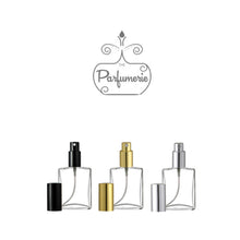 Load image into Gallery viewer, Black gold and silver atomizer spray tops on 1/2 oz flat refillable perfume bottles