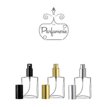 Load image into Gallery viewer, 15 ml 0.5 oz flat glass atomizer bottles in black gold and silver sprayer tops with matching overcaps