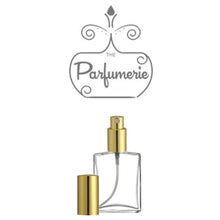 Load image into Gallery viewer, 15 ml 0.5 oz flat refillable perfume atomizer with gold sprayer top and gold overcap