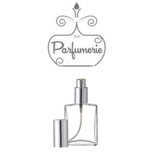 Load image into Gallery viewer, 15 ml 0.5 oz flat refillable perfume atomizer with silver sprayer top and silver overcap