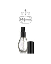 Load image into Gallery viewer, Diamond Glass Perfume Atomizer Bottle with a black spray top and over cap. Sizes available are 1/2 oz., 1 oz. and 2 oz.
